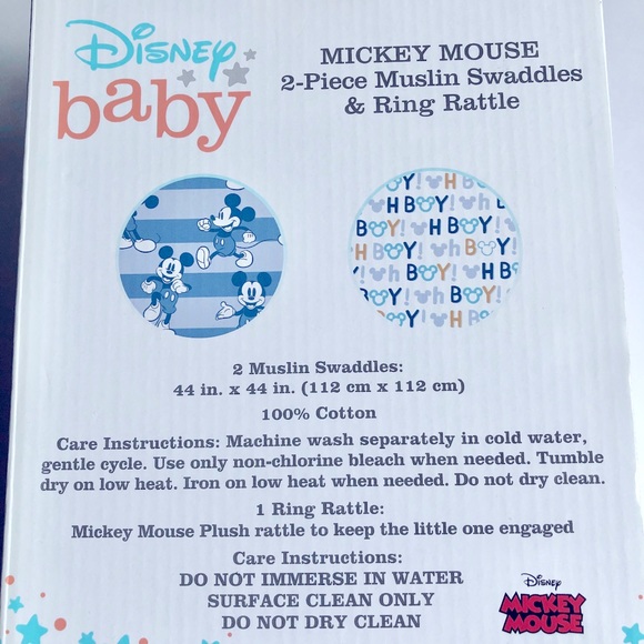 NEW DISNEY MICKEY MOUSE 2-Piece Muslin Swaddles & 1 Ring Rattle UNISEX - Picture 8 of 16